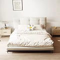 Modern Minimalist Double Bed With Padded Headboard Wooden Slats And Nightstands