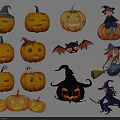 Halloween Decorative Elements Including Pumpkins Witches Bats Ghosts And Wizard Hats 3d model