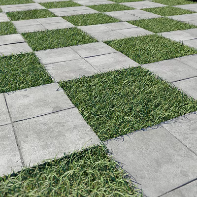 Gray Paving Tiles And Green Grass In Alternating Checkerboard Outdoor Pattern 3d model
