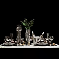 Elegant Decorative Ornament Set With Silver Gold Dinnerware Vase Wine Glasses Green Plant Marble Tabletop