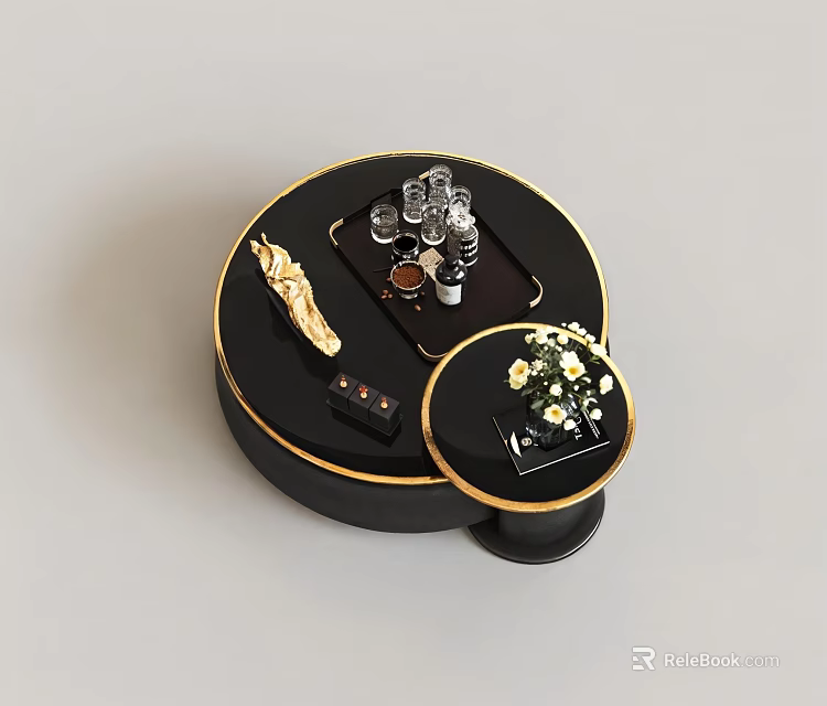 Modern Luxury Black Round Nesting Coffee Tables With Gold Rim And Delicate Tabletop Decorations 3d model 