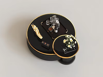 Modern Luxury Black Round Nesting Coffee Tables With Gold Rim And Delicate Tabletop Decorations 3d model