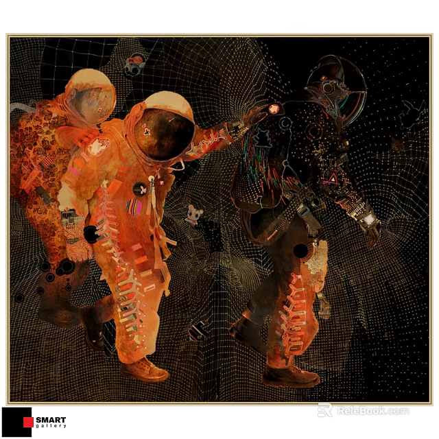 Astronaut Themed Photo Frame Featuring Interactive Astronauts Orange Black Suits Black Background Net Structure 3d model 