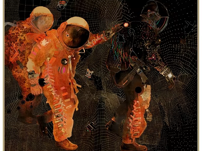 Astronaut Themed Photo Frame Featuring Interactive Astronauts Orange Black Suits Black Background Net Structure 3d model
