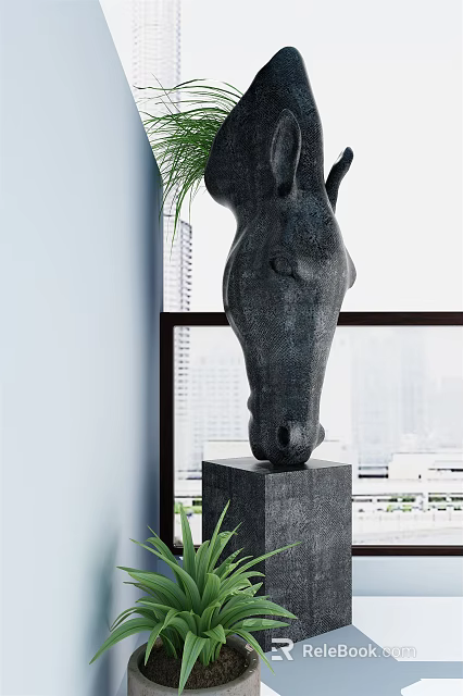 Indoor Bonsai Plant With Horse Head Sculpture On Black Base By Window 3d model 