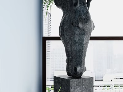 Indoor Bonsai Plant With Horse Head Sculpture On Black Base By Window 3d model