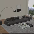 Black Leather Sectional Sofa with Plush Cushions Floor Lamp and Coffee Table in Living Room