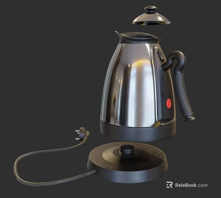 Stainless Steel Household Electric Kettle With Base Red Button Power Cord And Modern Design 3d model 