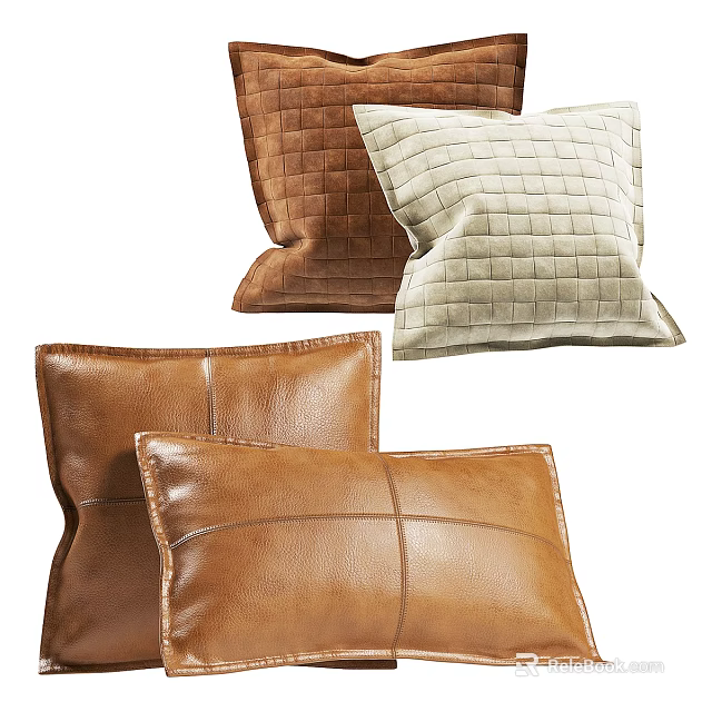 Brown Leather and Beige Woven Decorative Throw Pillows with Grid Stitch Pattern Design 3d model 