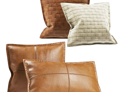 Brown Leather and Beige Woven Decorative Throw Pillows with Grid Stitch Pattern Design 3d model