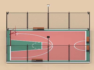 Outdoor Basketball Court With Fence Basketball Hoop Benches And Colored Surface 3d model