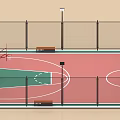 Outdoor Basketball Court With Fence Basketball Hoop Benches And Colored Surface