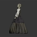 Vintage Women's Dress With White Puffed Sleeves And Dark Lace Pattern Skirt
