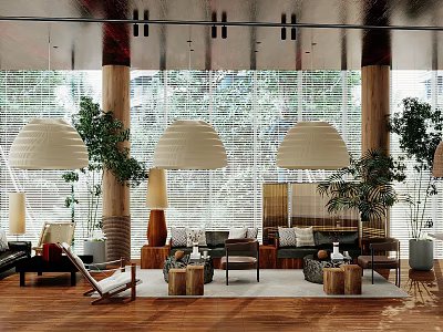 Modern Sales Office Interior With Open Space Wooden Floors Pendant Lights Green Plants And Sofas 3d model