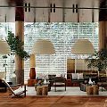 Modern Sales Office Interior With Open Space Wooden Floors Pendant Lights Green Plants And Sofas