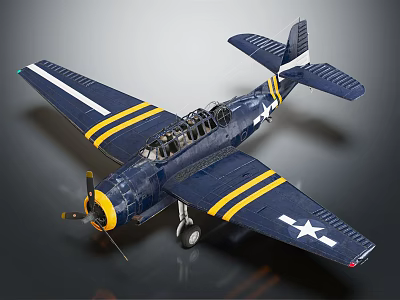 Vintage Fighter Jet with Blue Body Yellow Stripes and White Star Logo and Propeller Design 3d model