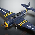 Vintage Fighter Jet with Blue Body Yellow Stripes and White Star Logo and Propeller Design