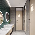 Public Restroom Design with Green Stall Doors White Washbasins and Round Mirrors