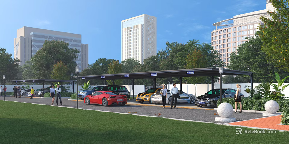 Covered Parking Lot Surrounded By Tall Buildings And Trees With Multiple Cars And People 3d model 