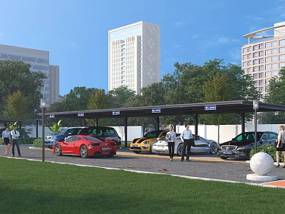 Covered Parking Lot Surrounded By Tall Buildings And Trees With Multiple Cars And People 3d model