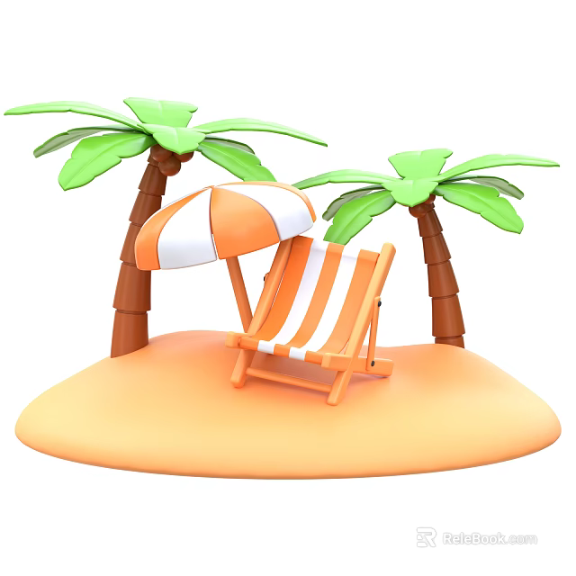 Tropical Beach Scene with Palm Trees Striped Umbrella and Beach Chair 3d model 