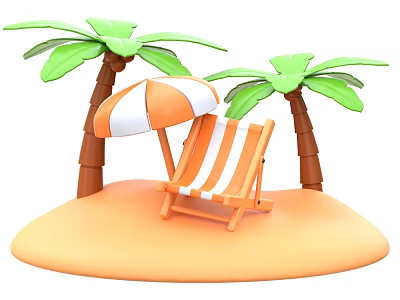 Tropical Beach Scene with Palm Trees Striped Umbrella and Beach Chair 3d model