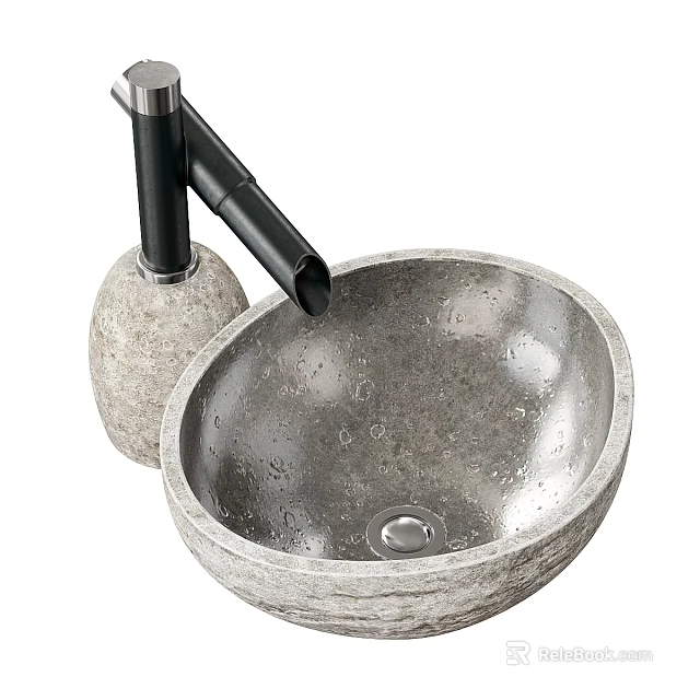 Modern Concrete Washbasin with Black Faucet and Textured Round Surface 3d model 