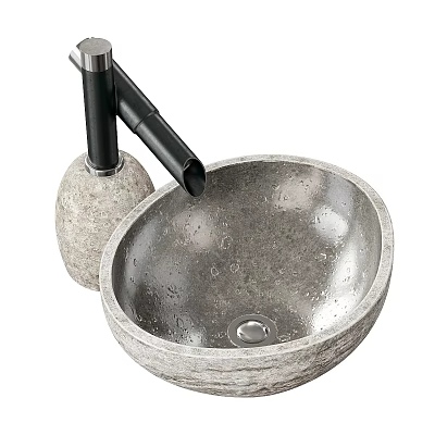Modern Concrete Washbasin with Black Faucet and Textured Round Surface 3d model