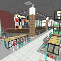 Modern Café Interior Design With Long Tables Colorful Chairs Bookshelves And Pendant Lights