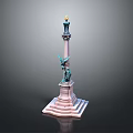 Scenic Landscape Featuring Monument with Pink Base Green Statue and Golden Torch