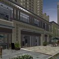 Vibrant Commercial Street with Luxury Brand Stores Pedestrians Outdoor Seating and Modern Buildings