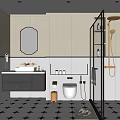 Modern Bathroom Interior With Black White Cabinetry Glass Shower And Patterned Tile Floor