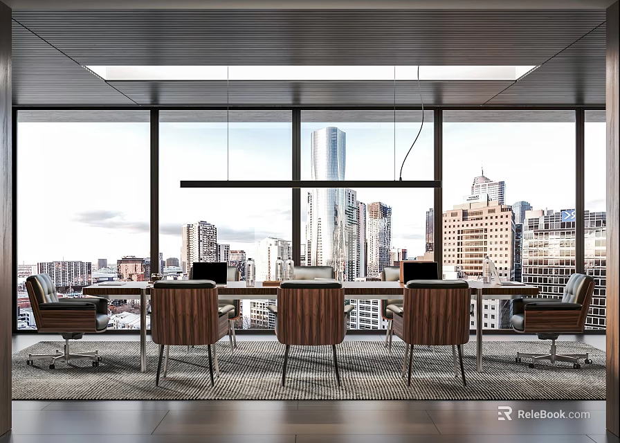 Modern Conference Room With Long Table Chairs Pendant Lights And City View Through Large Windows 3d model 