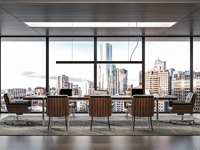 Modern Conference Room With Long Table Chairs Pendant Lights And City View Through Large Windows 3d model
