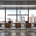 Modern Conference Room With Long Table Chairs Pendant Lights And City View Through Large Windows
