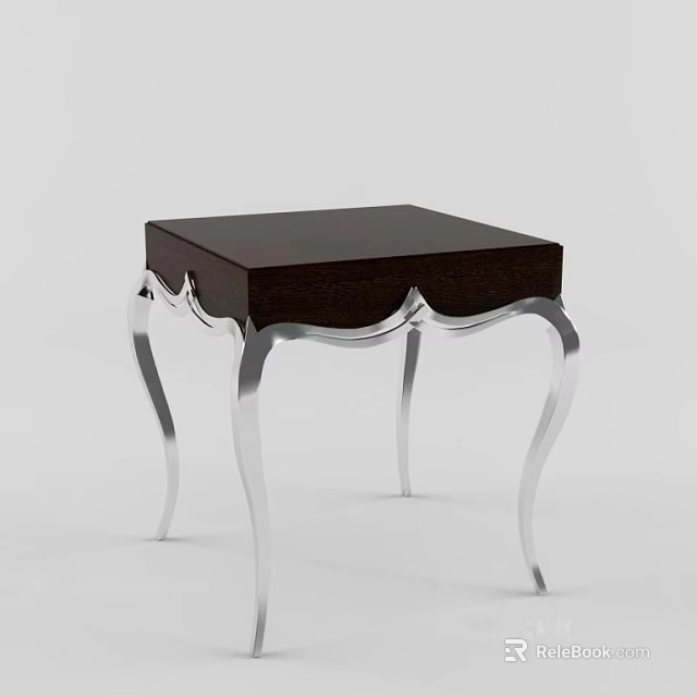 Elegant Side Table With Dark Wooden Top And Silver Curved Metal Legs 3d model 