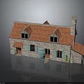 Traditional Country Cottage With Red Roof Stone Walls Chimney Green Shutters And Small Porch