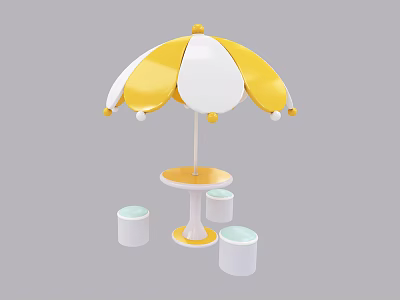 Colorful Outdoor Table With Yellow White Umbrella And Light Blue Seat Stools 3d model