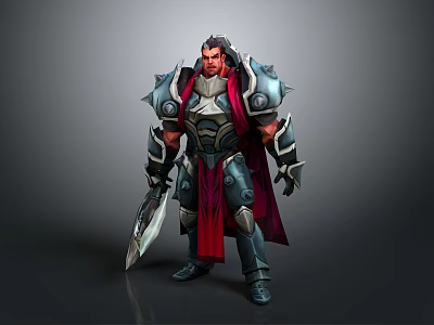Fierce Game Movie Character in Spiked Metal Armor with Red Cape and Giant Sword 3d model