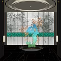 Hotel Lobby Modern Design With Bamboo Patterned Backdrop Circular Ceiling Light And Green Sculpture 3d model