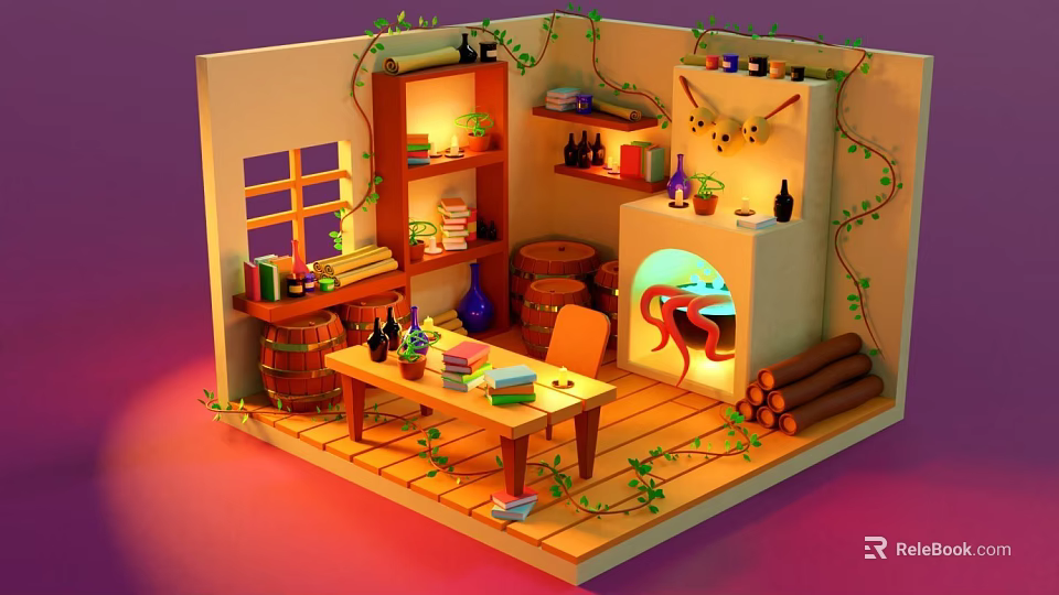 Cartoon Cozy Room Scene With Wooden Barrels Fireplace Green Vines And Bookshelves 3d model 