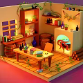 Cartoon Cozy Room Scene With Wooden Barrels Fireplace Green Vines And Bookshelves