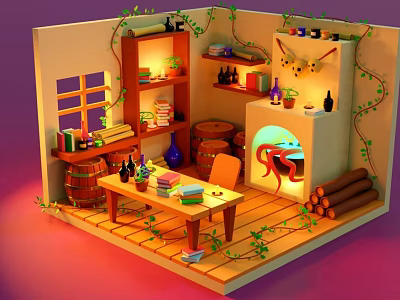Cartoon Cozy Room Scene With Wooden Barrels Fireplace Green Vines And Bookshelves 3d model