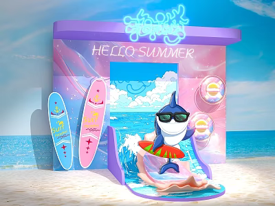 Summer Beach Photo Check-in Spot Featuring Shark Surfboards Ice Cream And Hello Summer 3d model