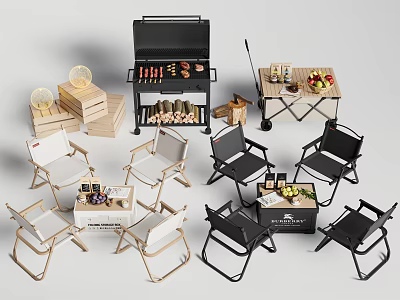 Outdoor Camping Storage Solutions With Foldable Chairs Grill And Side Tables 3d model