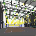 Indoor Basketball Gym Featuring Wooden Floor White And Blue Walls Ceiling Lights And Basketball Hoops