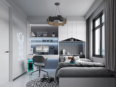 Modern Tatami Bedroom Interior Design with Tatami Bed Study Desk Storage Cabinets and Hanging Lamp 3d model
