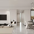 Modern Dining and Living Room Interior With White Walls Black Sofa And Pendant Lights