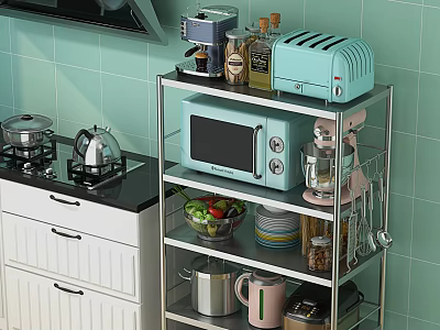 Stainless Steel Rack With Various Kitchenware In Modern Kitchen 3d model