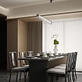 Modern Restaurant Interior With Long Dining Table Chairs Tableware Vase And Pendant Light 3d model